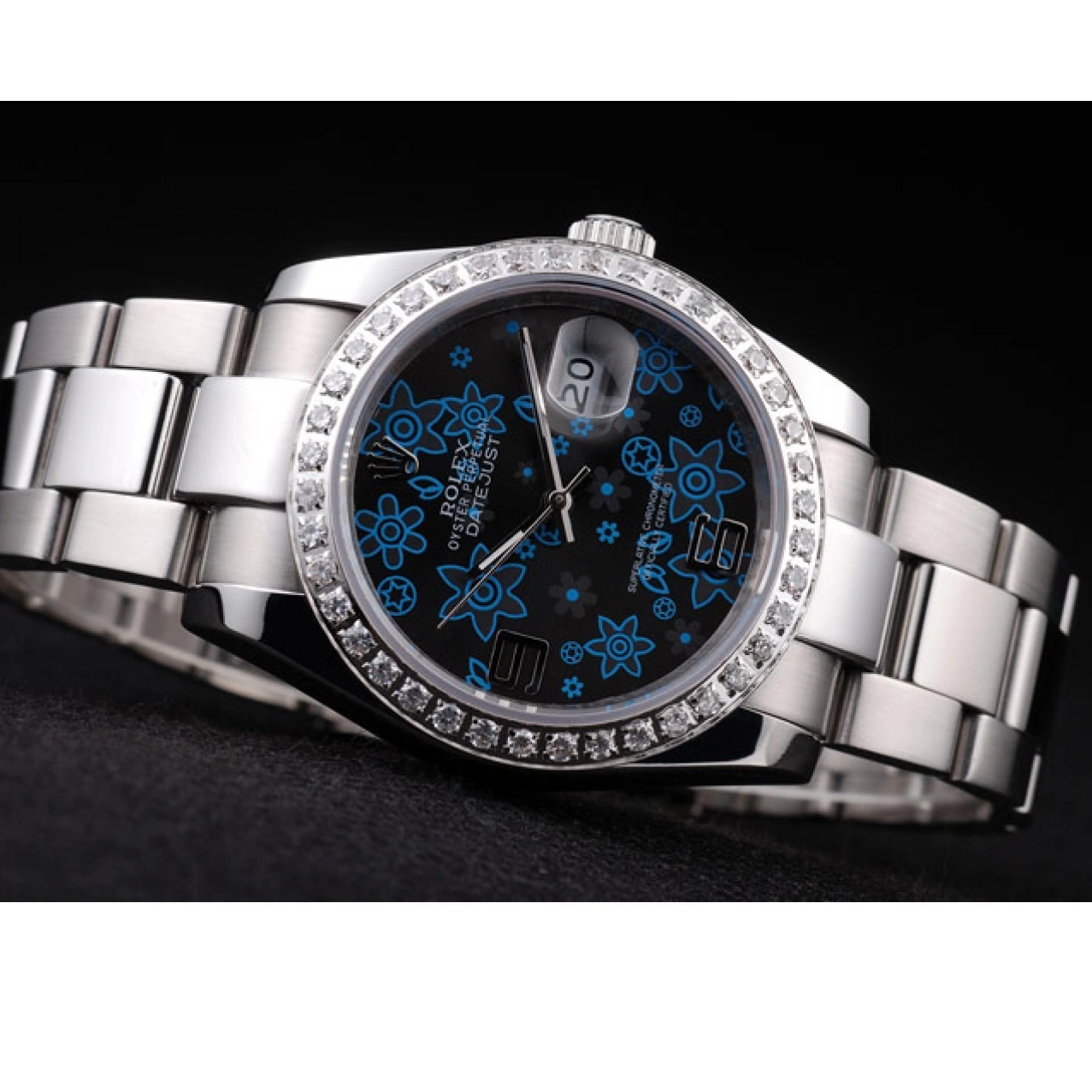 Rolex copies cheap Diamond Rolex Datejust Stainless Steel Plated Flowers Polished Dial Blue Dark 0528